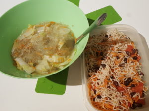 Winter soup and tupperware Konjac noodles, carrot, red beans, tomato 