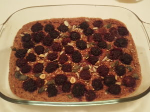 Porridge blackberries, red beet, oat bran, cinnamon, ginger, vanilla, banana, hemp seeds, almond milk. Topping: hazelnuts, pumpkin seeds, sunflower