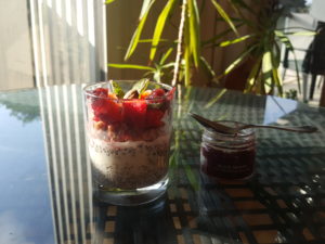 3 phases : Pudding chia with creamy caramelized toasted almond + crunchy muesli red fruits + strawberries, almonds, mint and black grapes marmalade with Mallorca almonds 