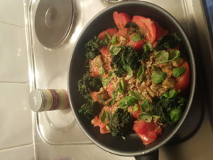 Spinach, tomato, aubergine, integral rice, quinoa, basil, species petit chef 