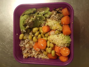 Rice, lentils, quinoa, edamame, tuna, carrots, very ripe organic avocado, sesame seeds 