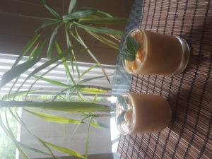 Mango custard. Organic very sweet mango, Stevia, a little bit of wheat flour as a thickener. All the strength being healthy 