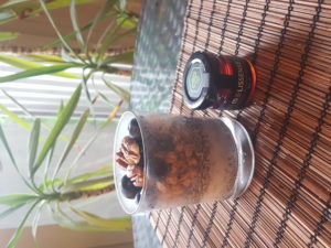 3 phases breakfast for a good brainstorming. Chia pudding with creamy toasted caramelized almond milk, crunchy muesli, Blueberries, pecan nuts, agave syrup, maple syrup, honey