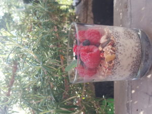 3 phases : chia pudding with creamy toasted caramelized almond milk. Red fruit muesli with millet, oats, and pumpkin seeds. Very sweet organic raspberry and aronia