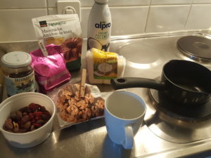 Cocoa custard with fig paste and creamy fresh pressed coconut coconut milk