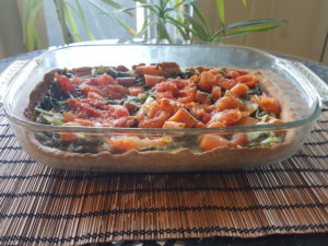 Chard, tomato, carrot quiche with whole spelled dough. Petit chef spices