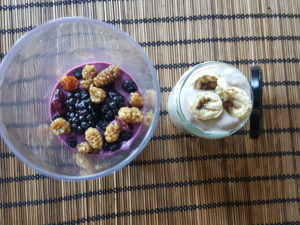 Blackberry custard and banana custard with soy yogurt 