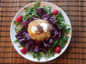 Rucula, red cabbage, homemade grapefruit jam, cottage cheese, dried peach, radishes