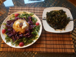 Dinner for the ovulation period. Perfect for physical and emotional strength. Kale chips and amazing salad with homemade grapefruit jelly-jam 