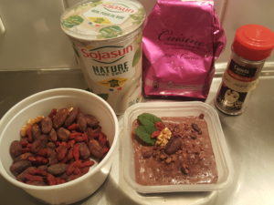 Cocoa custard with soy yogurt, cocoa nibs, pure cocoa powder, goji berries, walnuts, marroquin mint leaves 