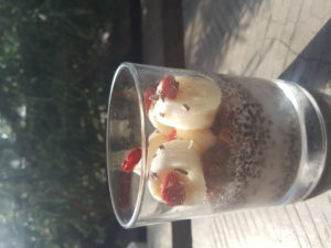 Sunny breakfast. Banana gourmand. 3 phases: Pudding chia with creamy fresh pressed coconut milk, oat chocolate muesli, banana. Topping : cocoa beans, goji berries 
