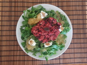 Salad with overnight oats (and after oven - baked) with ginger red betterave pumpkin and sunflower seeds. Topping: homemade grapefruit confiture, cottage cheese, walnuts 