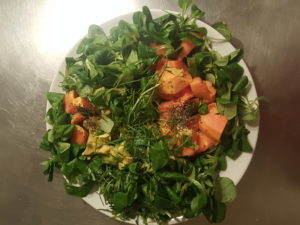 Light dinner for during menstruation, emotional and physical strength : papaya, avocado, rucula, chive, chia, salad