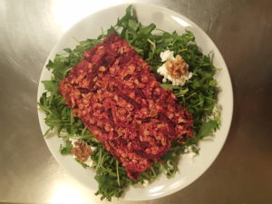 Example of red beets ginger overnight + oven oats salad topping