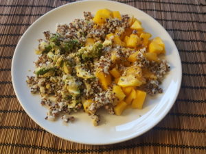 Millet, quinoa, rice and lentils, avocado, mango. Topping roasted white sesame. Also can be added edamame or salmon