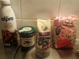 Blueberries crunchy almond caramelized milk chia pudding