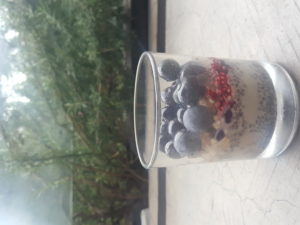 3 phases. Blueberries crunchy almond caramelized milk chia pudding. Topping blueberries syrop from marmalade 