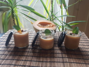 Melon custard. Soy iogurt, flowers greek premium honey,melon.Topping: dried mango, pistaccio, marroquin mint, almond, grated coconut