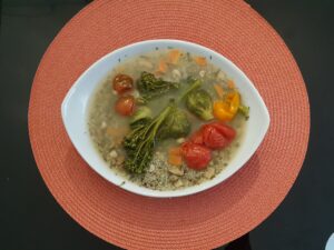 Winter soup: Tricolor quinoa, hazelnuts, bimi, Brussels sprouts, carrot, celery