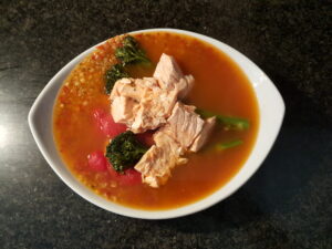 Quinoa, tricolor lentils, salmon, bimi