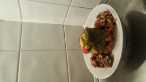 Vegetable pie. Broccoli and tomatoes. Lentils and quinoa. 