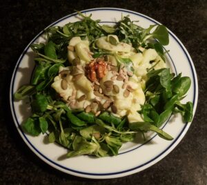 Cucumber, oat iogurt and seeds salad (arugula, lamb's lettuce, walnuts, pumpkin seeds, sunflower seeds) 