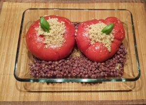Stuff tomatoes in the oven, quinoa and adzuki beans
