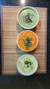 From up down : Peas (peas, light liquid smooth cheese, cinnamon, peppermint, seeds) , carrot (carrot, ginger, light liquid smooth cheese, pumpkin seeds ) and zucchini soup (zucchini, milk, cúrcuma, peanuts) 