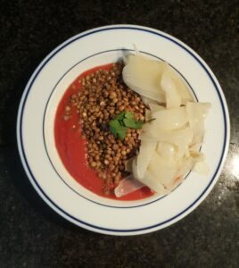 Home made tomato soup, lentils, onion