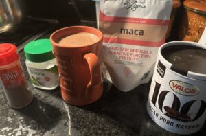 Very energetic drink for your breakfast: 1 tea spoon pure cocoa powder, 1 tea spoon maca powder, cinnamon powder
