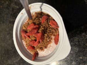 Complete healthy breakfast with flax and goji seeds, high protein yoghurt 
