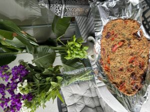 Home made pizza with oat bran dough basil, grilled red pepper and chard